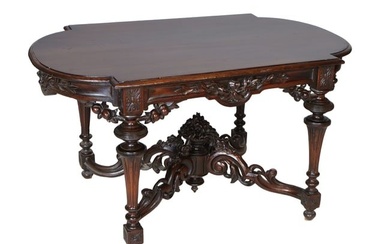 American Carved Mahogany Center Table, 19th c., H.- 28 in., W.- 51 in., D.- 30 in.