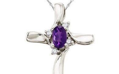 Amethyst and Diamond Cross Necklace Pendant 14k White Gold 1.05 CTTW