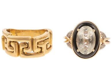 An 18K Greek Key Ring & 14K Quartz & Onyx Ring