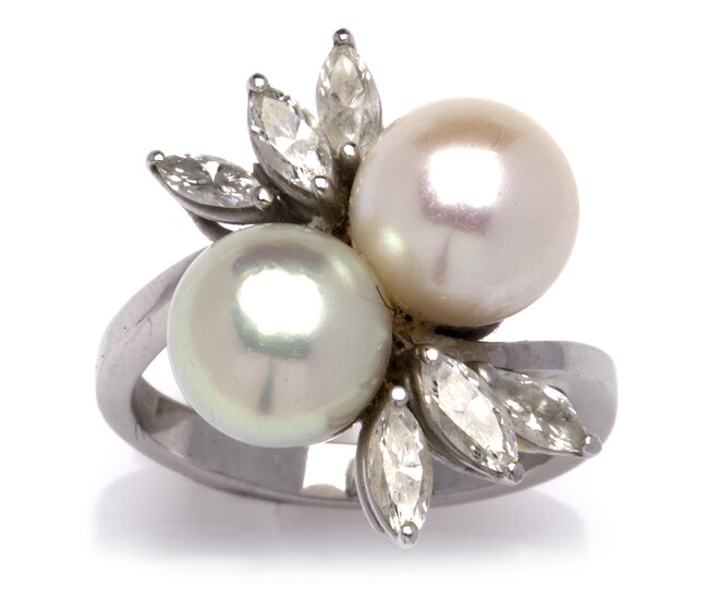 An 18k white gold cultured pearl and diamond ring, J. Hauser