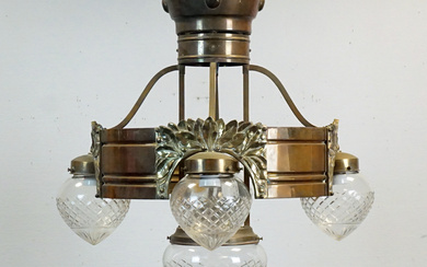 An Art Nouveau ceiling lamp, brass/glass, early 20th century.