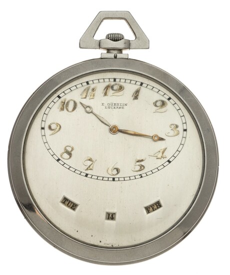 An Open-Faced Pocket Watch by Gubelin<P White enamel dial with calendar day date. Mounted in wh...