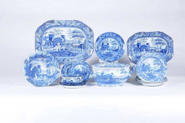 An assortment of mostly Spode blue and white printed 'Castle' pattern pearlware