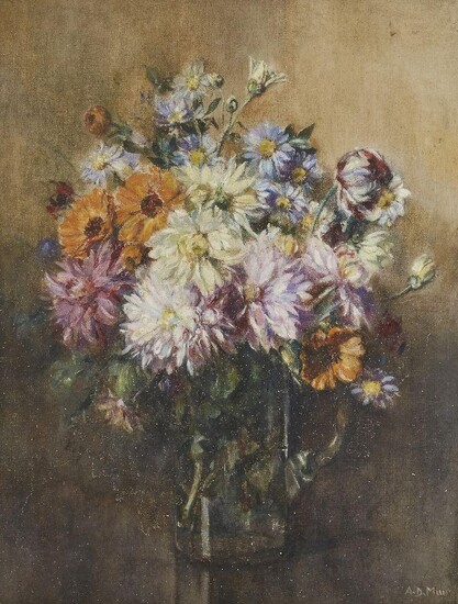 Anne Davidson Muir, Scottish 1875–1951 - Still life of flowers; oil on canvas, signed lower right 'A D Muir' and with artist's label affixed to the reverse of the frame, 45.5 x 35.5 cm