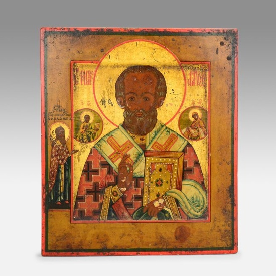 Antique 18thC Russian Painted Wood Icon St. Nicholas