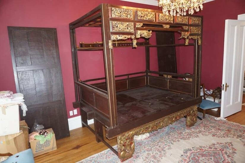Antique Chinese Carved, Polychrome &Gilt Opium Bed