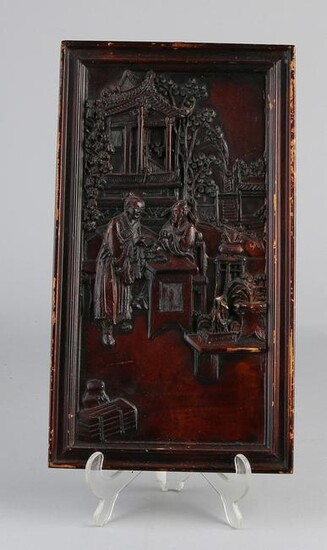 Antique Chinese wood-carved wall plaque with figures in