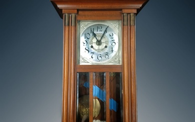 Antique German Hardwood Wall Clock With Pendulum And Chime