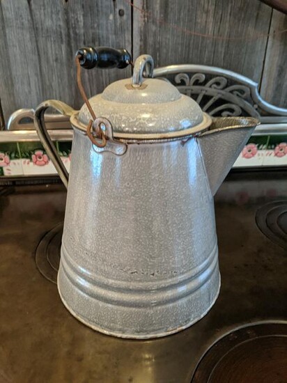 Antique Gray Enamel Large Farmhouse Coffee Pot