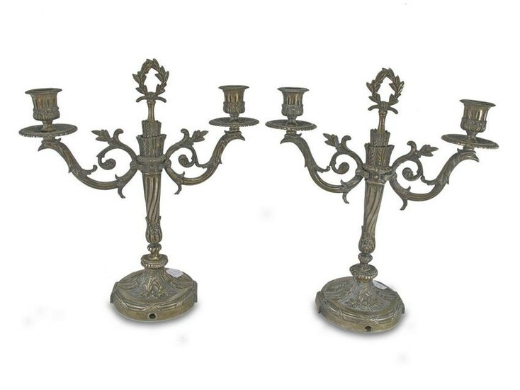 Antique pair of bronze silverplate candlesticks
