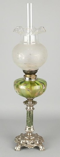 Antique petroleum lamp with hand-painted glass