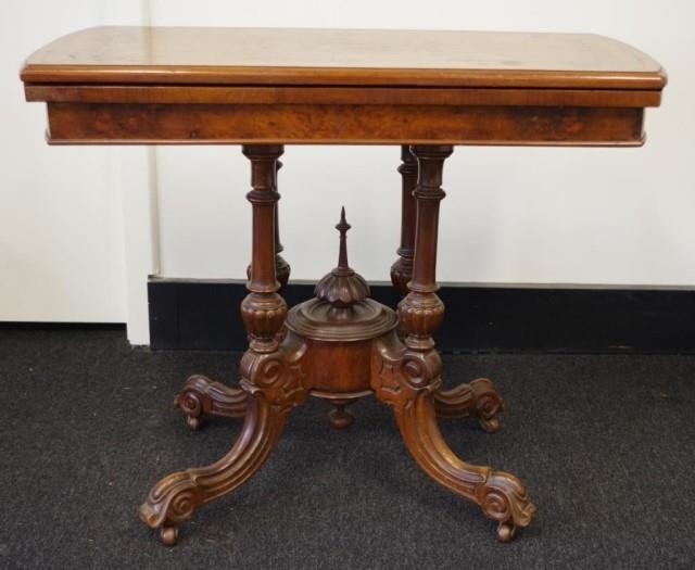 Antique walnut card table with inlaid fold over swivel top, ...