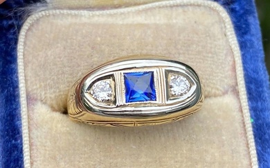Art Deco Three Stone Diamond and Sapphire 14K Gold Sapphire...