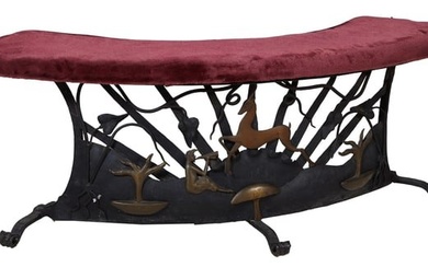 Art Nouveau Iron and Brass Fireside Bench, early 20th c., semicircular velvet upholstered top