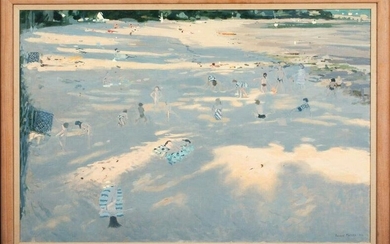BEACH CHILDREN PLAYING LANDSCAPE OIL PAINTING