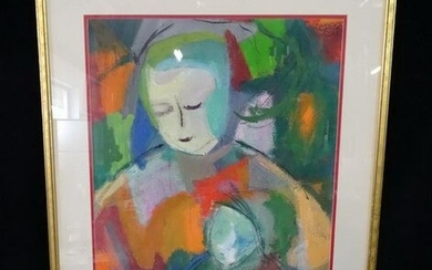 BLANCHE SCHMEIDLER SIGNED MODERNIST MOTHER & CHILD MIXED MEDIA PAINT/BOARD? 28" X 20" IMAGE