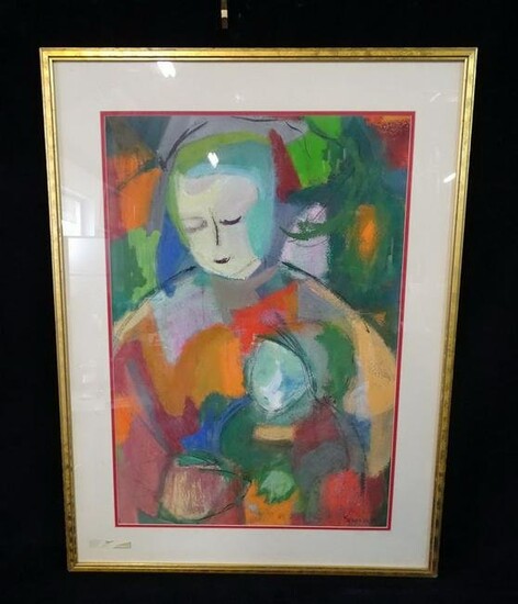 BLANCHE SCHMEIDLER SIGNED MODERNIST MOTHER & CHILD MIXED MEDIA PAINT/BOARD? 28" X 20" IMAGE
