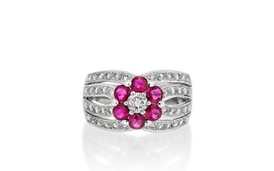 Band ring in white gold, diamonds and rubies