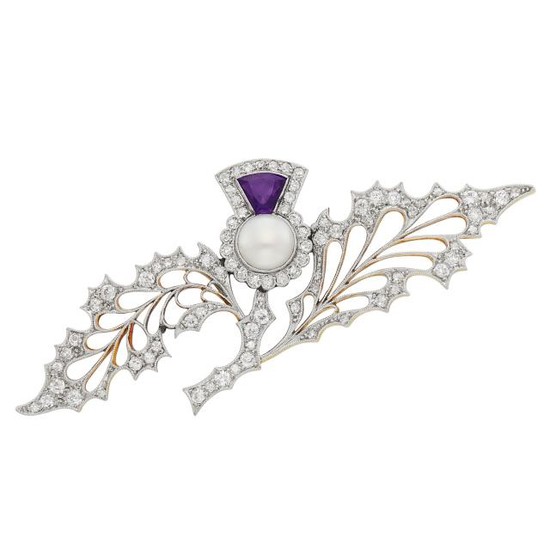 Belle Époque Platinum, Gold, Freshwater Pearl, Amethyst and Diamond Holly Brooch