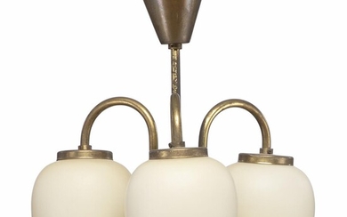 SOLD. Bent Karlby, attributed: Three branched brass chandelier. Shades of opalglas. H. 37 cm. Diam. 28 cm. – Bruun Rasmussen Auctioneers of Fine Art