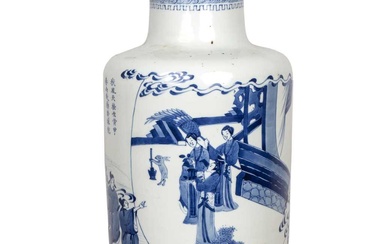 Blue and white porcelain rouleau vase Chinese, Kangxi painted with...