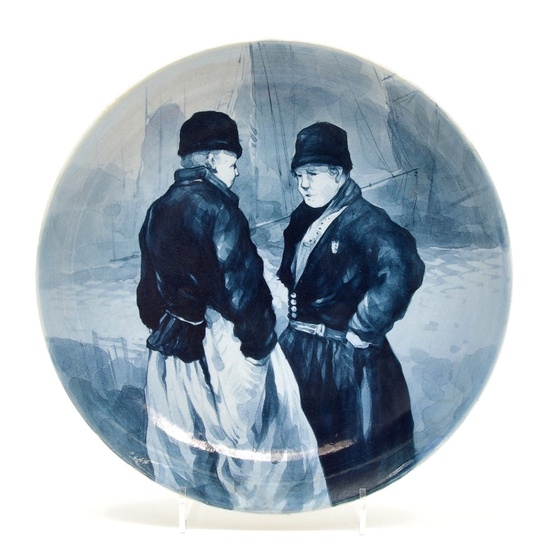 Blue glazed earthenware wall plate "Two fishersmen", design Henry Breetvelt,...