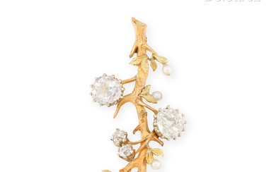 Broche «Branche feuillagée» en or jaune, rose et gris ciselés 750 millièmes sertie de diamants...