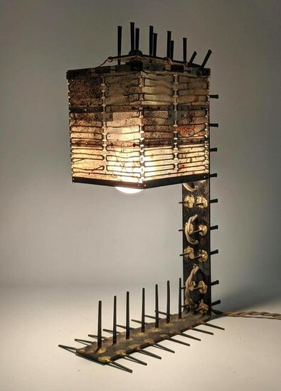 Brutalist Welded Metal Nail Table Lamp. Handcrafted. Ar