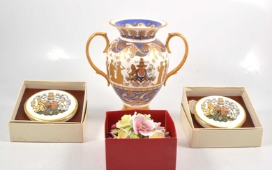 Buckingham Palace China Golden Jubilee vase, Coalport centrepiece and two trinket boxes.
