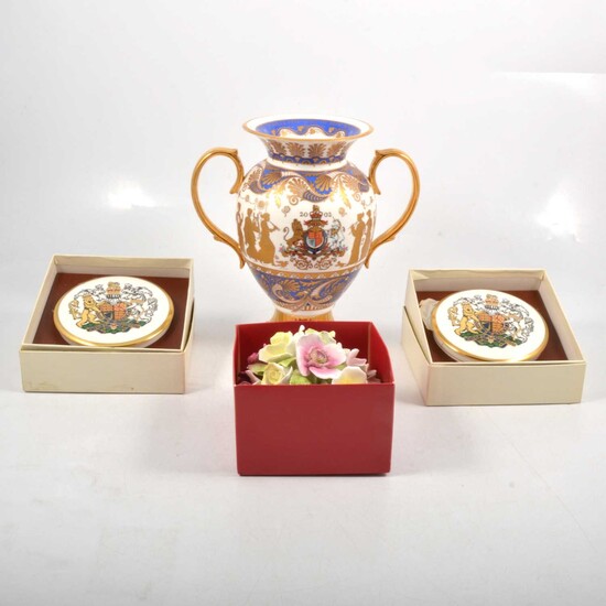 Buckingham Palace China Golden Jubilee vase, Coalport centrepiece and two trinket boxes.