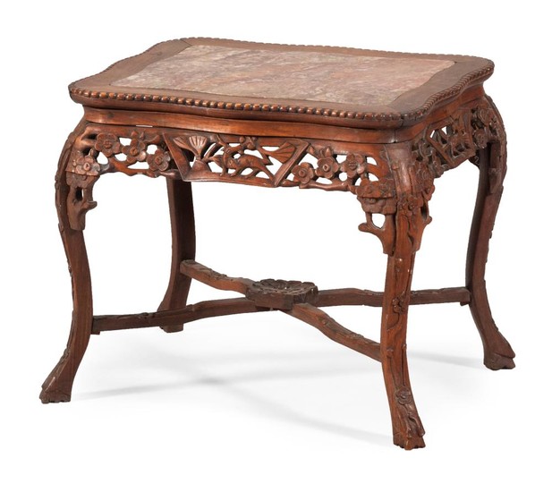 CHINESE CARVED ROSEWOOD LOW TABLE Shaped top inset with rouge marble. Apron carved with deer and flower blossoms. Curved legs joined...