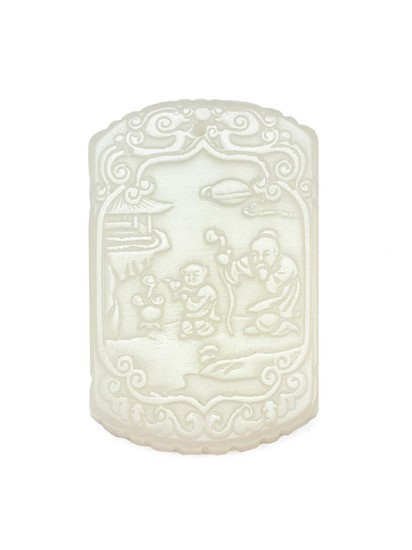 CHINESE WHITE JADE PENDANT In modified rectangular form, with figural landscape carving on obverse and calligraphy on reverse. Lengt...