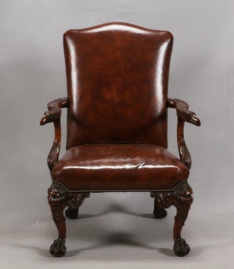 CHIPPENDALE STYLE MAHOGANY AND LEATHER CHAIR