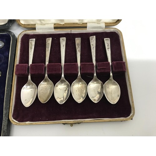 Cased cutlery comprising six silver coffee spoons two cased ...