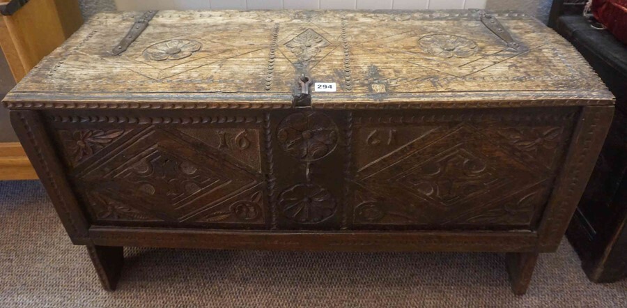 Charles II Carved Oak Coffer, Inscribed with the date 1661, carved with floral roundels and