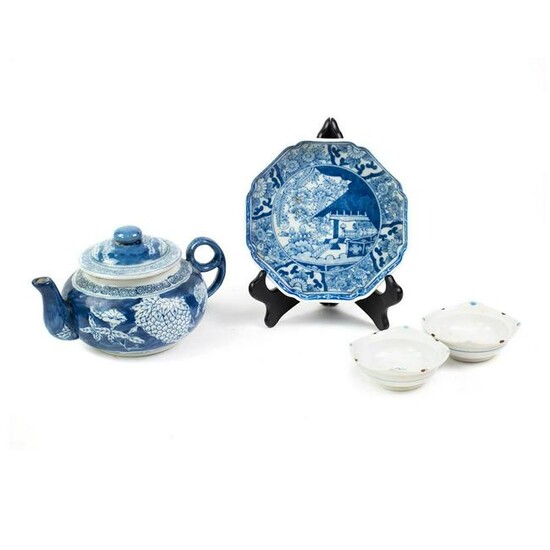 Chinese Qian Long Blue & White Porcelain Tea Pot, Plate