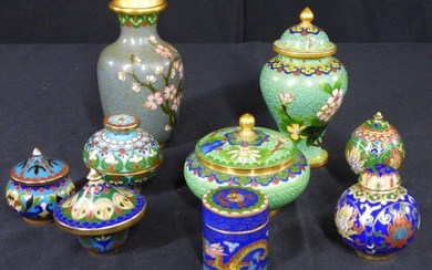 Chinese cloisonne miniature eight with lidded bowl and one vase,...