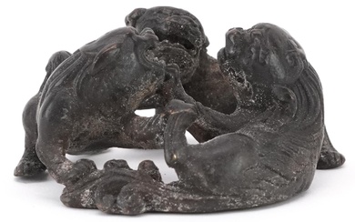 Chinese patinated bronze of three mythical animals, 6cm in d...