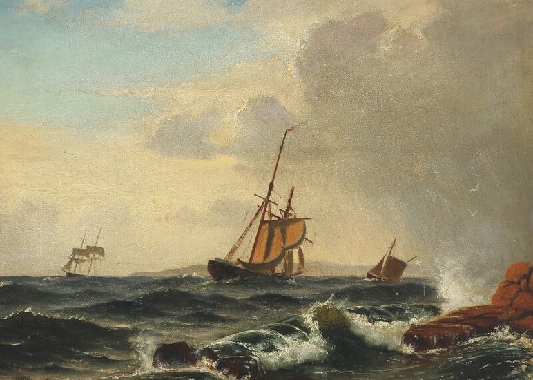 Christian Blache: Rocky coast with ships in high seas. Signed and dated Chr. Blache, 1868. Oil on canvas. 24×32 cm.