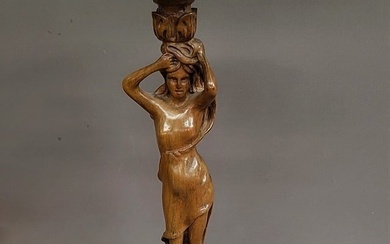 Circa 1920's Carved Walnut Plant Stand of a Woman - Good condition- hgt 26.5" dia. Base. 9". Found