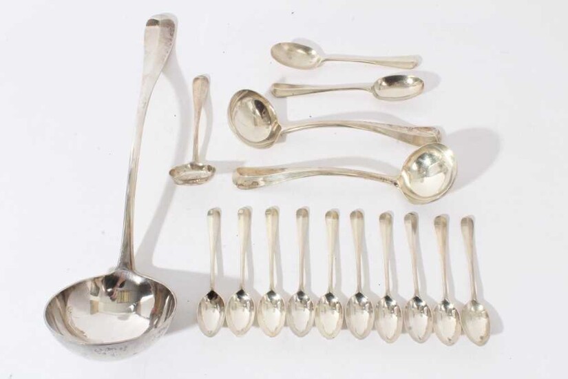 Collection of George V silver Hanoverian pattern spoons and ladles (London 1915), all at 19.5ozs
