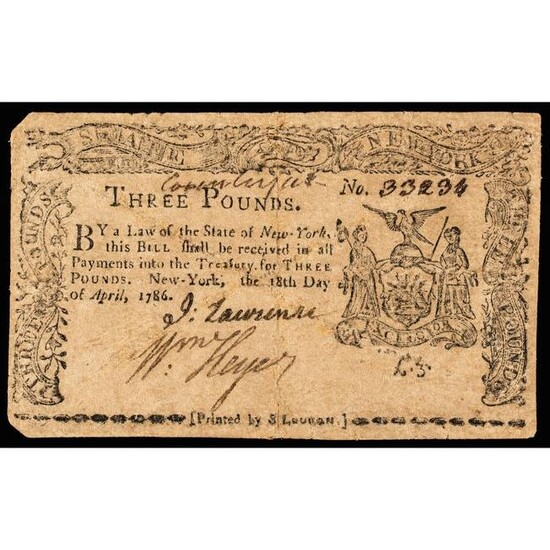 Colonial Currency, 1786 NY. Unlisted 3 CFT. Note