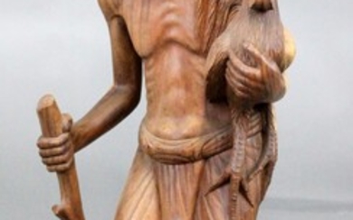 Contadino con galline, scultura in legno, altezza cm. 99, arte orinetale, XX secolo.