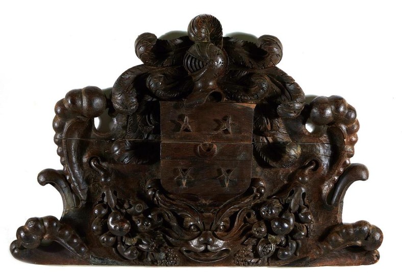 Continental carved walnut/oak coat of arms