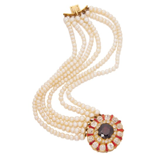 Cultured Pearl, Garnet, Enamel and Diamond Bracelet