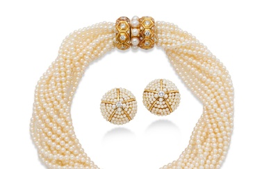 Cultured Pearl and Diamond Necklace and Pair of Ear Clips...