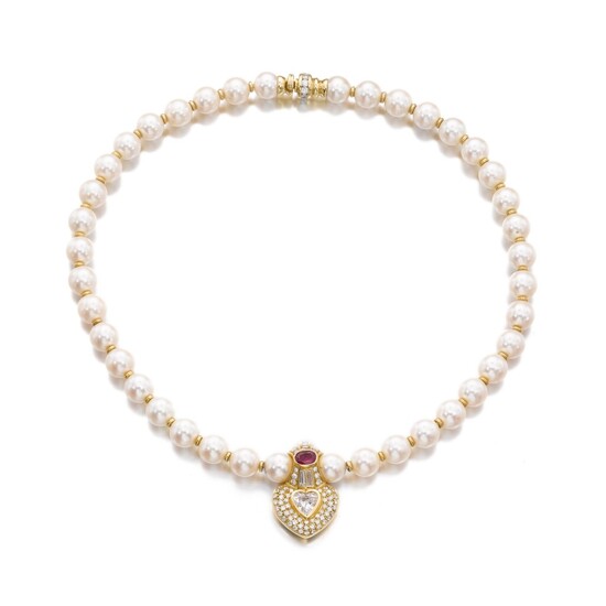 Cultured pearl, ruby and diamond necklace