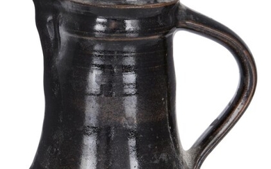 David Leach (1911-2005), Black jug with crimped base, circa 1970, Glazed stoneware, Impressed 'DL' seal, 16.5cm high.