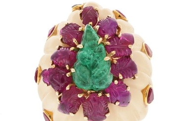 David Webb 18K Yellow Gold Ruby Emerald Flutted Bombe Style Ring