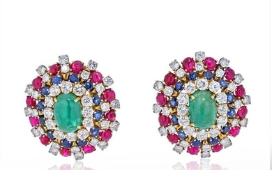 David Webb Platinum & 18K Yellow Gold Green Emerald Ruby And Diamond Earrings